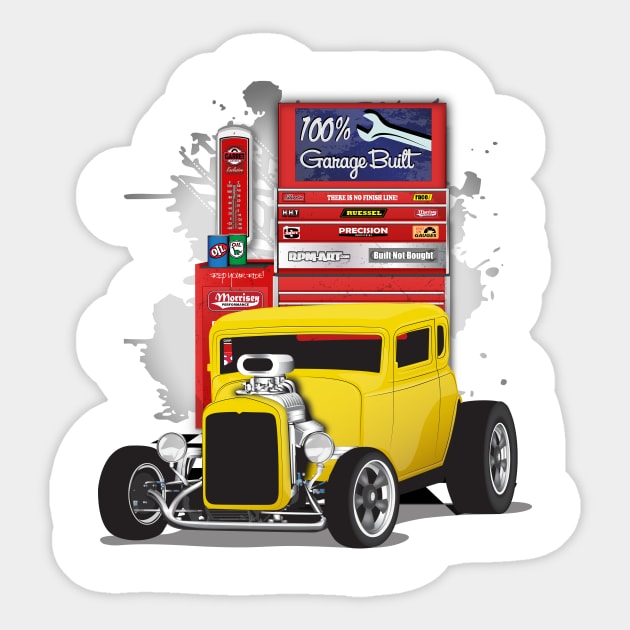 Yellow 1932 Chevy 5 Window Coupe Hot Rod Garage Built Print Sticker by RPM-ART